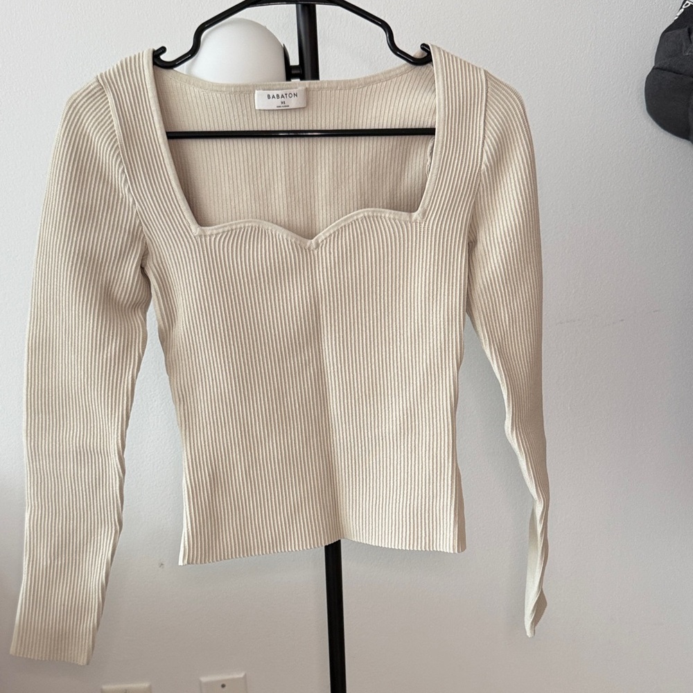 Aritzia Ivory Ribbed Square-Sweetheart Long Sleeve Top